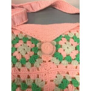 Handmade Crochet Granny Square Lined Crossbody Purse Handbag Pink, White, Green